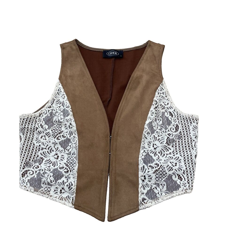 Cider Western Top Vest Women L Lacey Micro Suede Brown Fairy Boho Chic Cowgirl